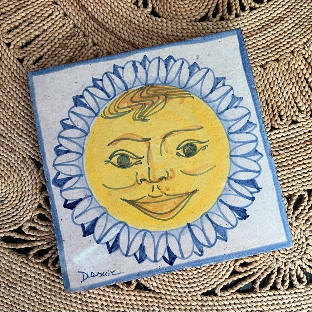 Vintage Desuir Hand Painted Ceramic Sun Tile Italian Terracotta Trivet Art Retro
